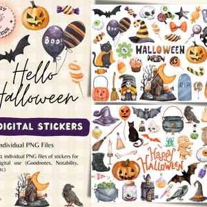 Peut inclure: Ensemble de 71 autocollants numériques d'Halloween au format PNG. Les autocollants présentent des citrouilles, des chauves-souris, des chats, des chapeaux de sorcière, des bonbons et les textes "Hello Halloween" et "Happy Halloween".