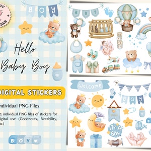 Adesivi digitali Hello Baby Boy, adesivi digitali per planner, adesivi per neonati, adesivi per neonati, adesivi per neonati, è un maschietto, PNG, orso