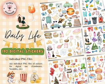 Daily Life Digital Stickers, 192 Pre-Cropped Planner Stickers (PNG, Goodnotes File)