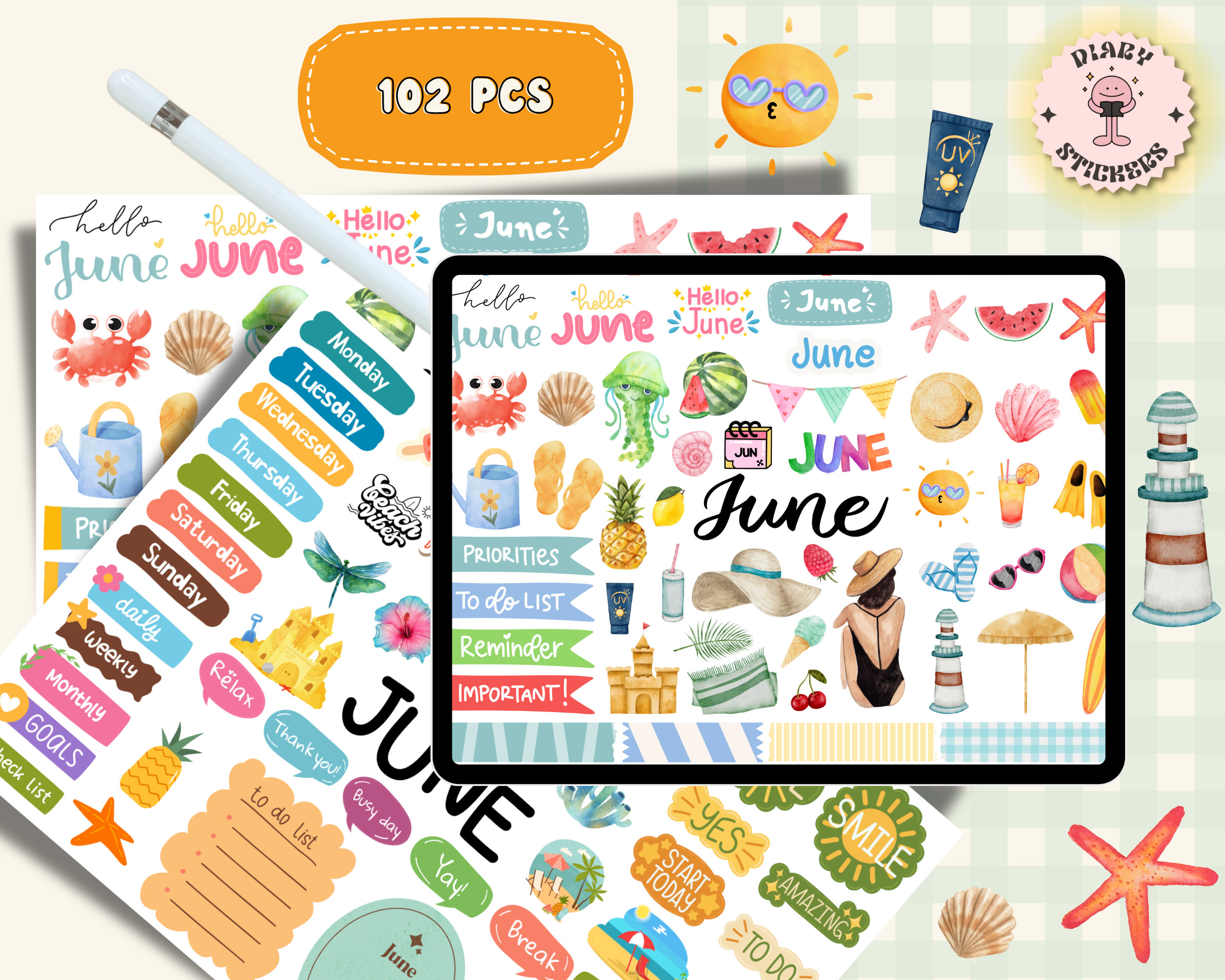June Sticker Design Month of June Digital Stickers for Goodnotes, June Pre-cropped Digital ...