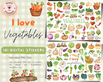 May include: 101 digital stickers featuring watercolor illustrations of various vegetables, including carrots, onions, garlic, mushrooms, peppers, and more. The stickers are perfect for adding a touch of whimsy to planners, journals, and other creative projects.