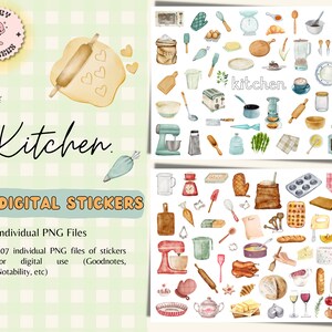 May include: A set of 107 digital kitchen stickers featuring watercolour illustrations of various kitchen tools, appliances, and food items. The stickers are perfect for digital planners, notes, and other digital projects.