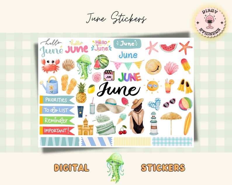Month of June Digital Stickers for Goodnotes, June Pre-cropped Digital ...