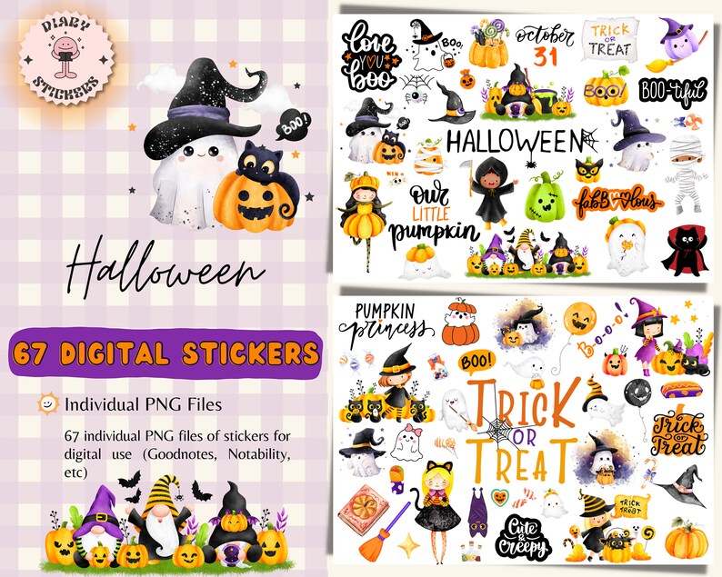 Op de afbeelding: Een set van 67 digitale Halloween-stickers met schattige geesten, pompoenen, heksen en dwergen. De stickers zijn perfect om een feestelijke touch toe te voegen aan je digitale planner, notities of andere digitale projecten.