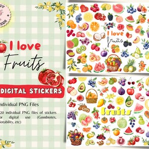 Op de afbeelding: Een set van 120 digitale stickers met aquarel illustraties van verschillende vruchten, waaronder aardbeien, kersen, citroenen, limoenen, watermeloenen en granaatappels. De stickers zijn perfect om een vleugje kleur en speelsheid toe te voegen aan digitale planners, notities en andere documenten. De tekst "Ik hou van fruit" staat op de afbeelding.