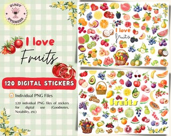 Fruits Digital Stickers for GoodNotes, Healthy Food Stickers, Veges : 120 PNG & Goodnotes File