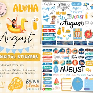 Month of August Digital Stickers for GoodNotes, August Pre-cropped Digital Planner Stickers, GoodNotes Stickers, Monthly Stickers, 2025