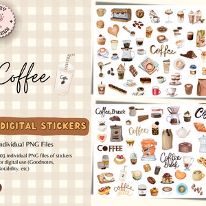 Coffee Digital Planner Stickers, Goodnotes Stickers, Pre-Cropped PNG, Digital Bullet Journal Stickers, Coffee Lover, OneNote Stickers, Latte