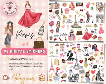 Paris Travel Digital Stickers, Planner Scrapbook (PNG, Goodnotes File)