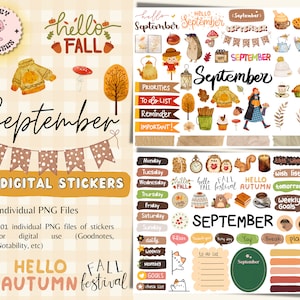 May include: A set of 101 digital stickers featuring a fall theme with illustrations of leaves, pumpkins, squirrels, and other autumnal elements. The stickers are designed for use in digital planners and notebooks. The text "hello fall" and "hello autumn" are included in the image.