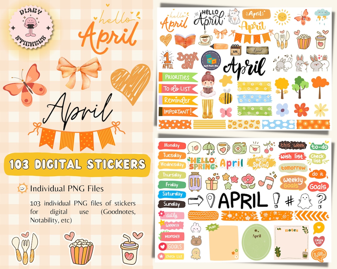 Month of April Digital Stickers for Goodnotes, April Pre-cropped ...
