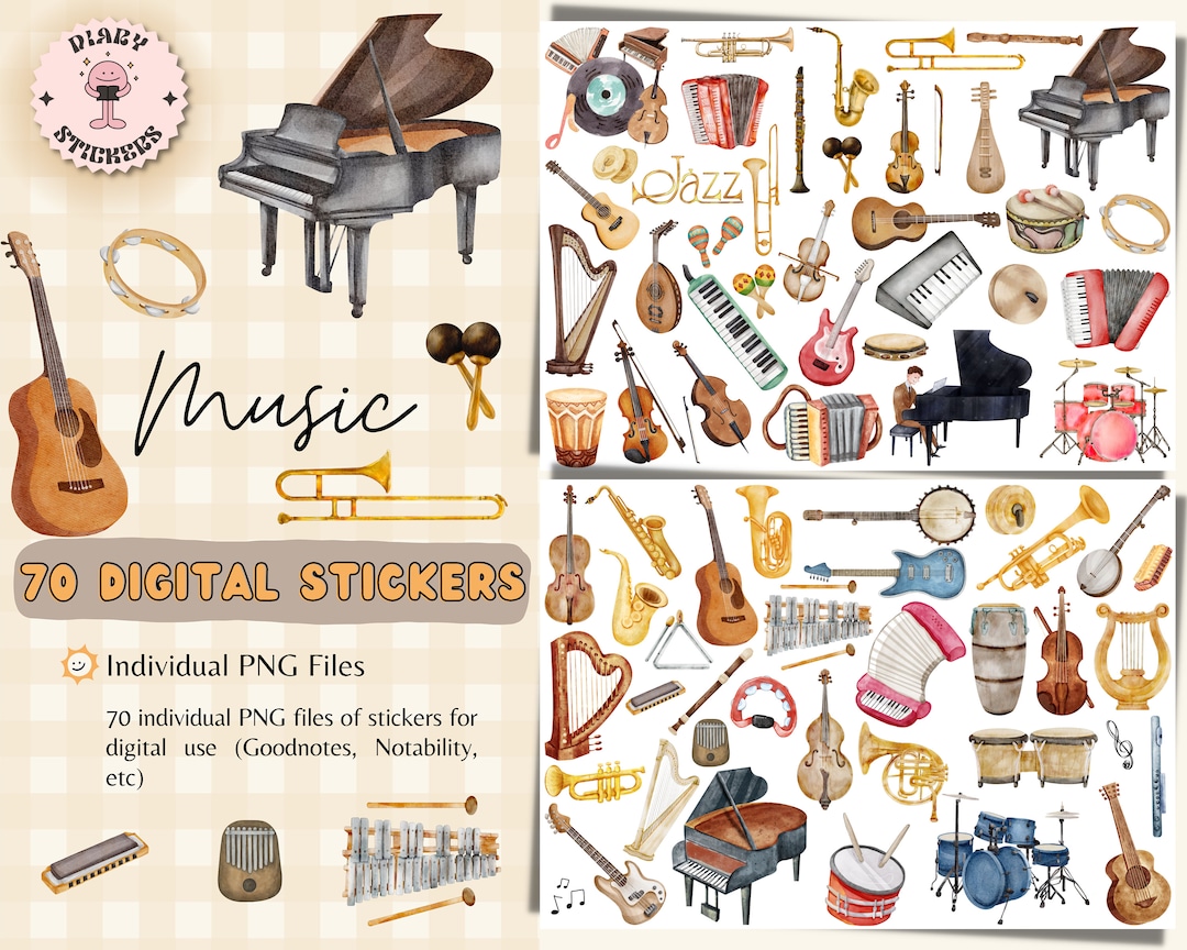 Music Digital Stickers for Goodnotes, Musical Instruments Precropped