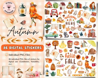 May include: A collection of 86 digital stickers with an autumn theme. The stickers include illustrations of pumpkins, leaves, animals, and other fall-related items. The text "Autumn" and "Hello Fall" are also featured. Individual PNG files for digital use.