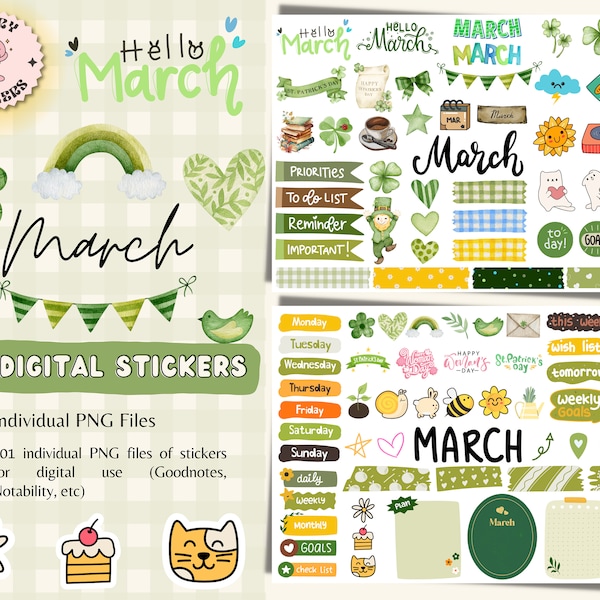 Month of March Digital Stickers for GoodNotes, March Pre-cropped Digital Planner Stickers, GoodNotes Stickers, Monthly Stickers, 2024