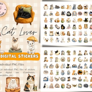 May include: A digital sticker set featuring 120 illustrations of cats in various poses, including cats in chairs, with umbrellas, and in baskets. The text reads Diary Stickers, Cat Lover, 120 DIGITAL STICKERS, and Individual PNG Files for digital use.