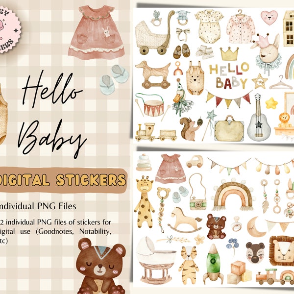 Hello Baby Digital Stickers, Digital Stickers for Planners, Newborn Stickers, Baby Stickers, New Baby Stickers, Baby PNG, Clipart Watercolor