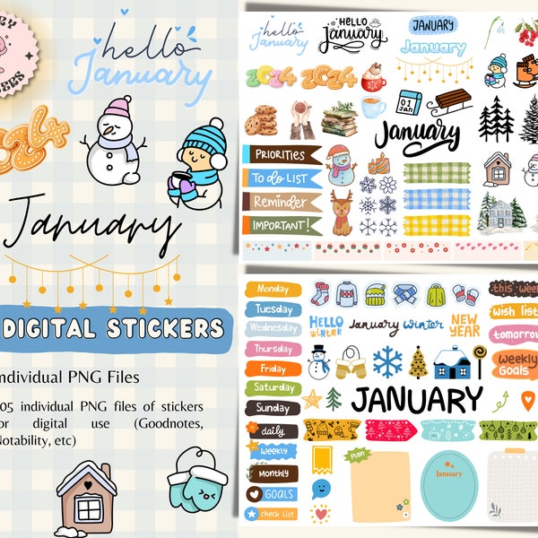 Month of January Digital Stickers for GoodNotes, January Pre-cropped Digital Planner Stickers, GoodNotes Stickers, Monthly Stickers, 2024