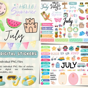 Month of July Digital Stickers for GoodNotes, July Pre-cropped Digital Planner Stickers, GoodNotes Stickers, Monthly Stickers, 2025, Summer