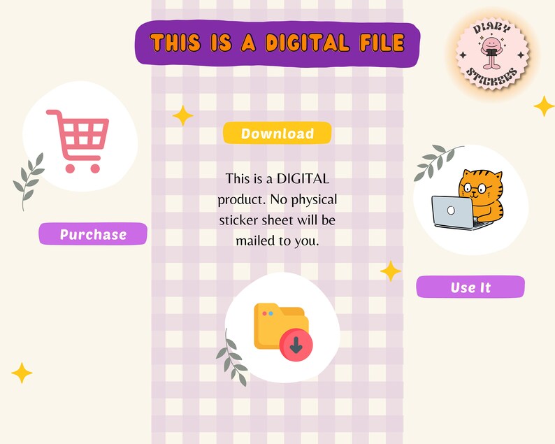 Op de afbeelding: Een digitale bestandsafbeelding met een paarse banner met de tekst "Dit is een digitaal bestand". De afbeelding toont een winkelwagen, een map met een downloadpijl, een kat die een laptop gebruikt en een knop met de tekst "Gebruik het".