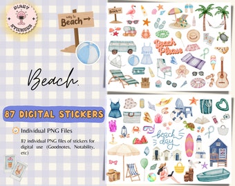 Pegatinas digitales de playa, vacaciones de verano, Goodnotes, OneNote (archivos PNG)