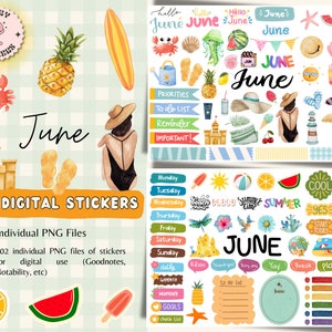 Month of June Digital Stickers for GoodNotes, June Pre-cropped Digital Planner Stickers, GoodNotes Stickers, Monthly Stickers, 2025, Note