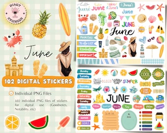 June Digital Planner Stickers, Summer Theme, GoodNotes Pre-cropped (Digital Download)