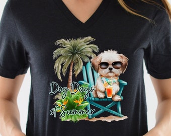 Funny Dog V-Neck T-Shirt, Dog on Beach Tshirt, Shih Tzu on beach Tshirt, Summer Beach Dog T Shirt, Cute Dog Tshirt, Shih Tzu Lovers Tshirt,