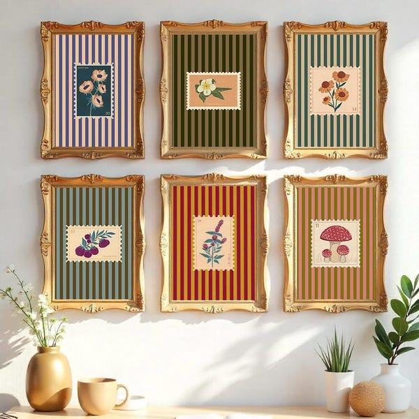Vintage Mushroom Floral Stamp Art Print Set | 70s Eclectic Boho Home Decor (Digital Download)