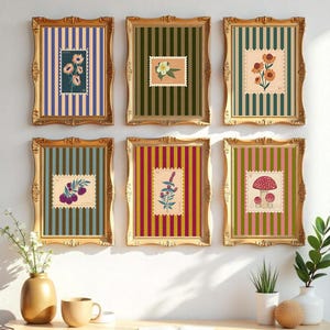 Estampados vintage, arte de hongos, arte floral, arte de sellos, arte ecléctico, estilo de los años 70, arte de collage, arte colorido, colores apagados, sellos antiguos