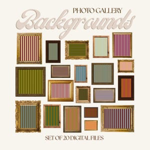 Puede incluir: Un conjunto de veinte archivos digitales que presentan fondos enmarcados con rayas verticales en varios colores. Los marcos tienen detalles dorados y marrones ornamentados. Se muestra el texto "PHOTO GALLERY Backgrounds" y "SET OF 20 DIGITAL FILES".