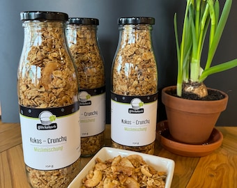 Kokos Crunchy Granola Müsli vegan in der Glasflasche Geschenk aus der Küche