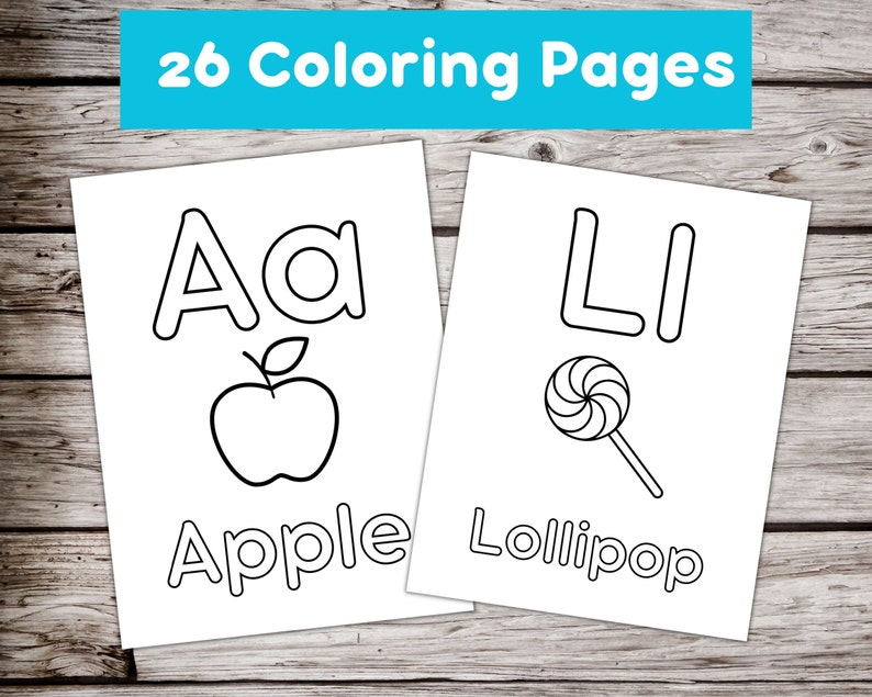 May include: Black and white coloring pages featuring the letters A and L with corresponding images of an apple and lollipop. The text "Apple" and "Lollipop" are written below the images. The title "26 Coloring Pages" is at the top of the image.