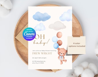 Editable Baby Shower Invitation Canva Template | Teddy Bear Baby Shower Invite Bundle | Watercolor Baby Shower Invite | 4 Color Options 5x7