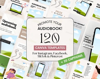 Promote Your Audiobook on Social Media | Posts for Authors: 120 Canva Templates (40 styles) + 20 Captions | Audiobook Release, Mockup, Offer