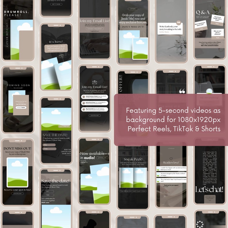 Improve your social media strategy with these book promotion templates, perfect for boosting your book release impact, engaging your audience, and establishing a strong author presence on social media. 5-second videos as BG to simplify video creation