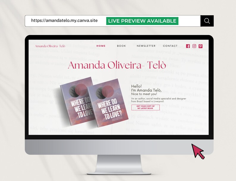 One-page Website Canva Template for Authors, Small Businesses, and Publishers | 3 Colours: Pink, White, Black | Improve Your Online Presence