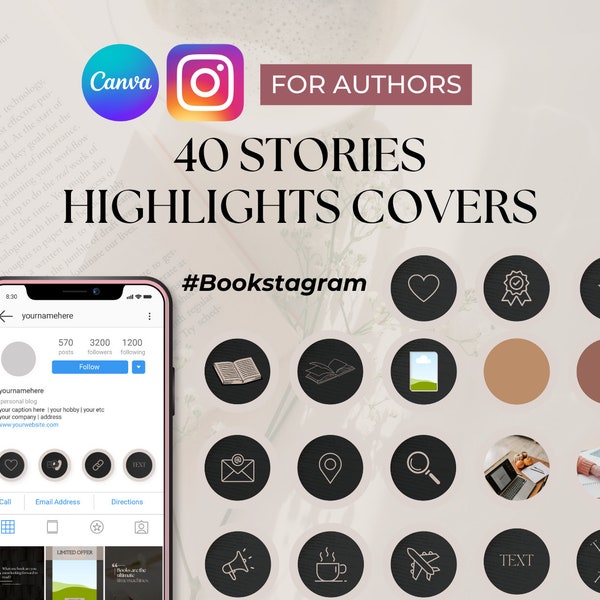 Instagram Stories Highlights Covers for Authors, Writers and Business | IG Story Icons, Text, Colours, Book Mockups | Elegant & Minimalist