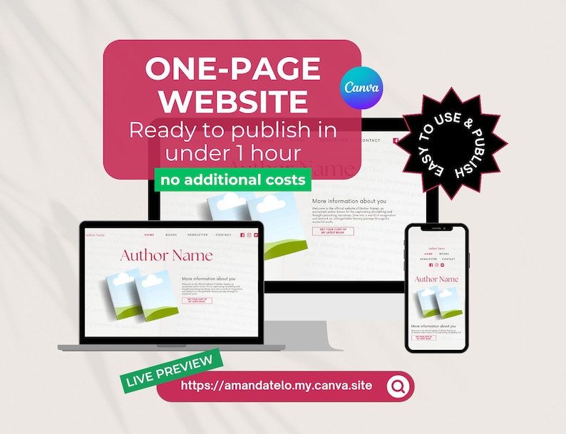 One-page Website Canva Template for Authors, Small Businesses, and Publishers | 3 Colours: Pink, White, Black | Improve Your Online Presence