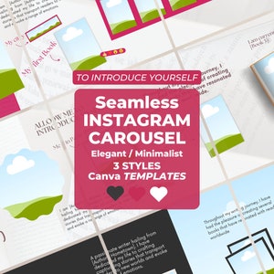 May include: A pink and red graphic with the text "Seamless Instagram Carousel" and "Elegant/Minimalist 3 Styles Canva Templates". The graphic features a stylized illustration of a book with a cloud and a green hill.