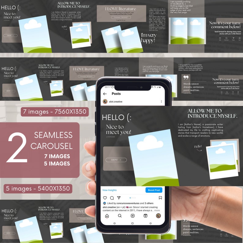 1 Seamless Carousel Author post (7 images) (7560X1350) - Perfect for Instagram, Facebook, LinkedIn
 1 Seamless Carousel Writers social media post (5 images) (5400X1350) - Tailored for TikTok, Instagram, Facebook, and LinkedIn
