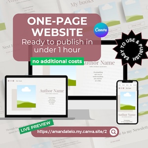 Op de afbeelding: Een computerscherm toont een website-sjabloon met de tekst "ONE-PAGE WEBSITE" en "Ready to publish in under 1 hour". De website-sjabloon is ontworpen voor auteurs en bevat een groene en blauwe landschapsafbeelding. De tekst "no additional costs" wordt ook op het scherm weergegeven. De afbeelding wordt vergezeld door een zwarte ster met de tekst "EASY TO USE & PUBLISH".