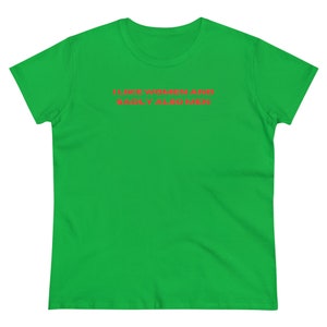 May include: A green t-shirt with the text "I like women and sadly also men" in red.