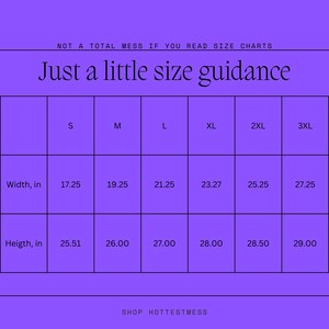May include: A size chart for clothing with measurements in inches. The chart shows the width and height of different sizes, from S to 3XL.