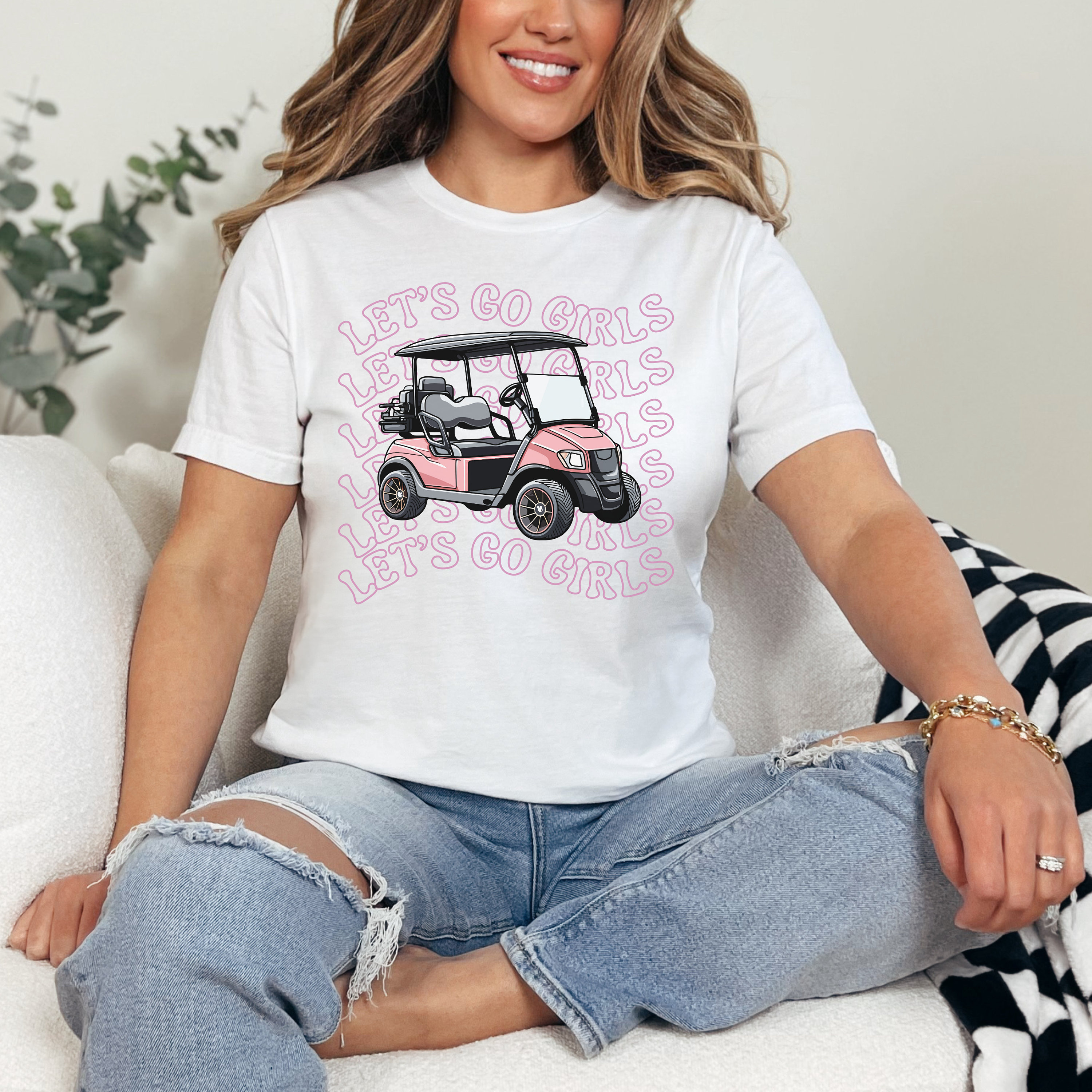 Retro Pink Let's Go Girls Golf Cart T-shirt Ladies Golf Gift Cute Golf ...