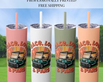 Regalo de golf para mujer, vaso delgado de golf de 20 oz, estilo retro vintage de los 70, regalo de cumpleaños único para golfistas, paz, amor y pares, Día de la Madre