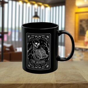 The Reader Skeleton Tarot Card Mug - Ceramic 11 oz Glossy Finish | Booktrovert | Skeleton Mug | Reading Mug | Bookish Mug | Book Lover Mug