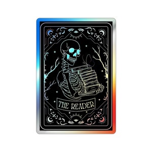 Holographic tarot card sticker featuring a skeleton holding a stack of books with a butterfly atop, surrounded by celestial stars and tree branches. Perfect for laptops, journals, water bottles, and scrapbooks. Ideal gift for readers and book lovers.