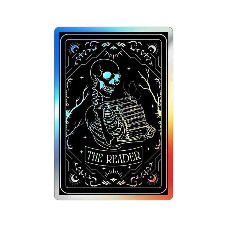 Holographic tarot card sticker featuring a skeleton holding a stack of books with a butterfly atop, surrounded by celestial stars and tree branches. Perfect for laptops, journals, water bottles, and scrapbooks. Ideal gift for readers and book lovers.