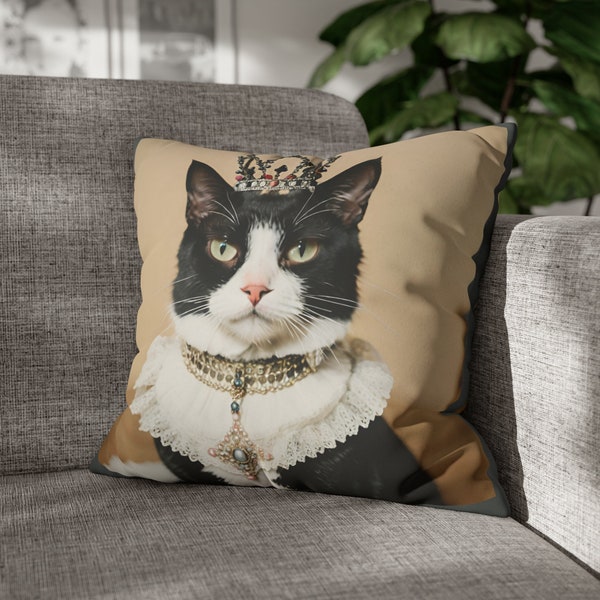 Taie d'oreiller en faux suède avec chat Royalty de l'époque victorienne - Décoration élégante pour reine et chat smoking | Dimensions 14 x 14, 16 x 16, 18 x 18, 20 x 20 | Taie d'oreiller chat