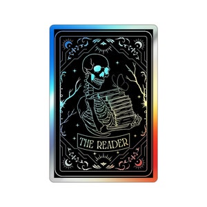 Holographic tarot card sticker featuring a skeleton holding a stack of books with a butterfly atop, surrounded by celestial stars and tree branches. Perfect for laptops, journals, water bottles, and scrapbooks. Ideal gift for readers and book lovers.